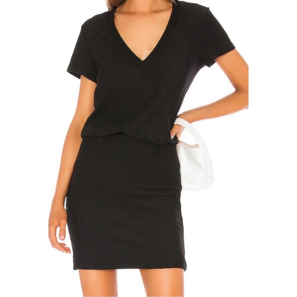 James Perse V-Neck Short Sleeve Blouson T-Shirt Mini Dress, Black, Size 1 Small